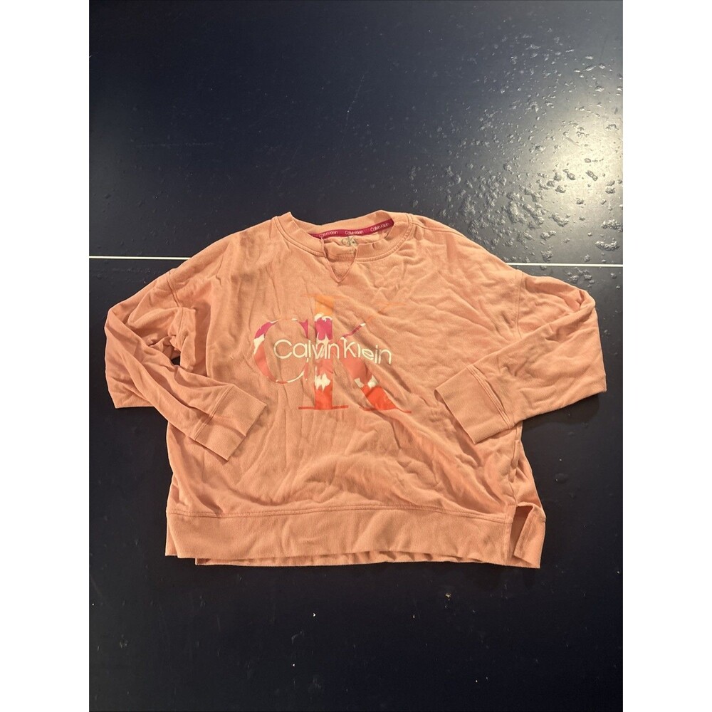 Womens Coral Calvin Klein Long Sleeve V Neck Graphic Sweatshirt Size Large